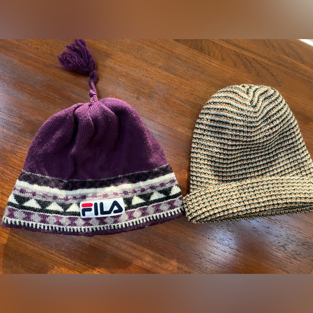 FILA knit- 100% virgin wool cap, made Canada. Also nobrand plain knit cap. Set/2